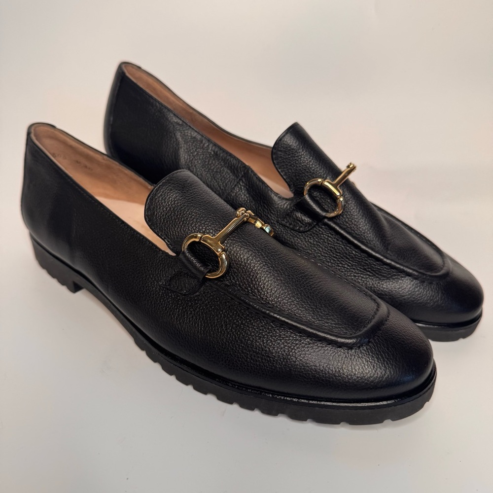 Paul Green Black Leather Loafers with Gold Accent
